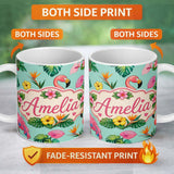 Personalized Custom Name Tropical Flamingo with Hibiscus Flowers and Leaves Mint Background 11oz Ceramic Coffee Tea Mug White Large Handle