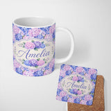 Personalized Custom Name Blue and Pink Hydrangea Blossom Seamless Pattern Cute Unique Gift 11oz Ceramic Coffee Tea Mug White Large Handle