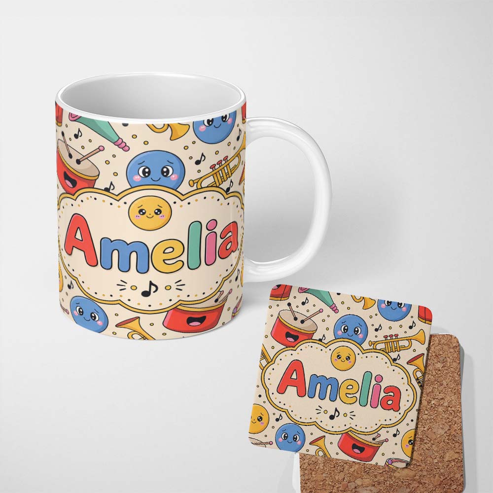Personalized Custom Name Cute Musical Instruments Notes Cartoon Fun Seamless Pattern Lovely 11oz Ceramic Coffee Tea Mug White Large Handle
