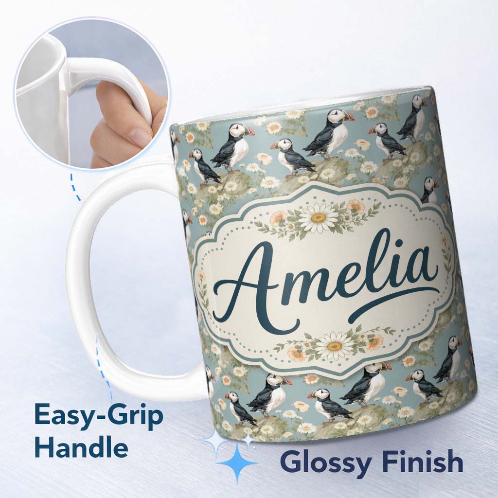 Personalized Custom Name Puffin Birds Perched on Cliff with Floral Details Seamless Pattern 11oz Ceramic Coffee Tea Mug White Large Handle