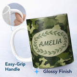 Personalized Custom Name Rich Woodland Green Camouflage Seamless Pattern Beautiful Coffee Cup 11oz Ceramic Coffee Tea Mug White Large Handle