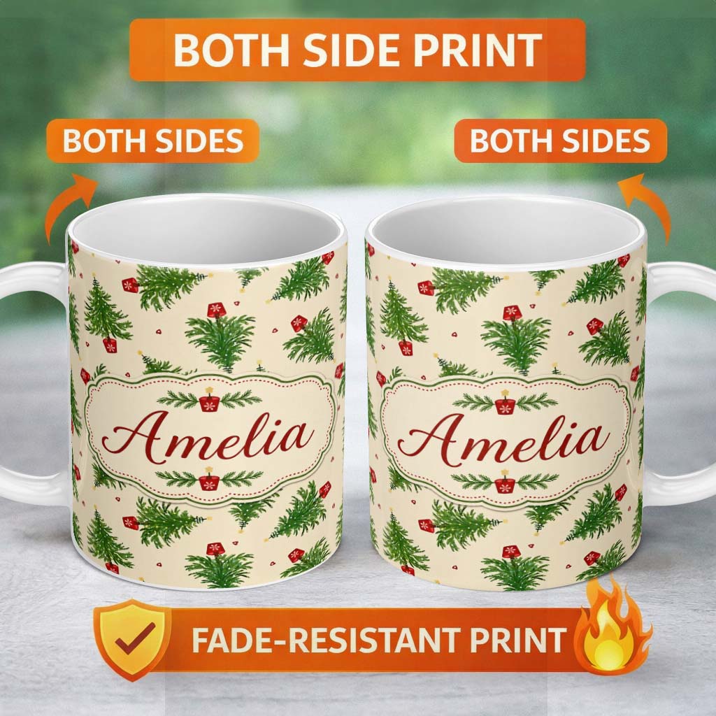 Personalized Custom Name Simple Green Christmas Trees Minimal Seamless Pattern Lovely 11oz Ceramic Coffee Tea Mug White Large Handle
