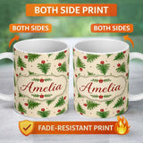 Personalized Custom Name Simple Green Christmas Trees Minimal Seamless Pattern Lovely 11oz Ceramic Coffee Tea Mug White Large Handle