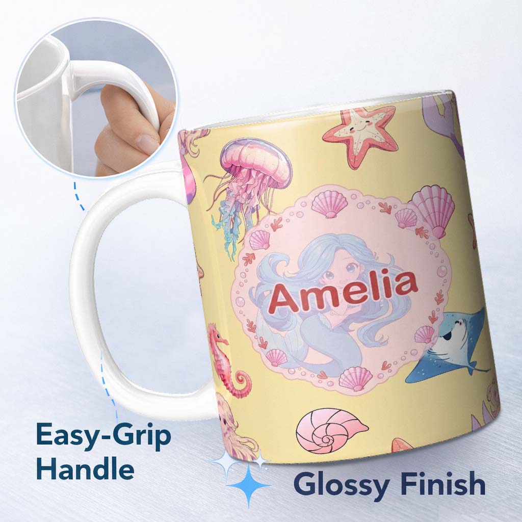 Personalized Custom Name Cute Blue Mermaid Jellyfish Seahorse and Ocean Creatures Soft Yellow 11oz Ceramic Coffee Tea Mug White Large Handle