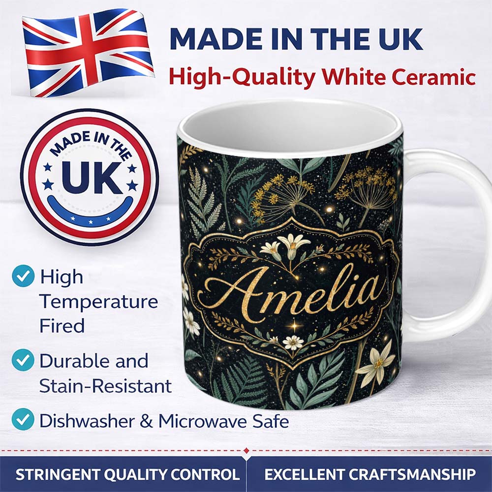 Personalized Custom Name Wildflower Meadow Night Sky Botanical Seamless Pattern Lovely 11oz Ceramic Coffee Tea Mug White Large Handle