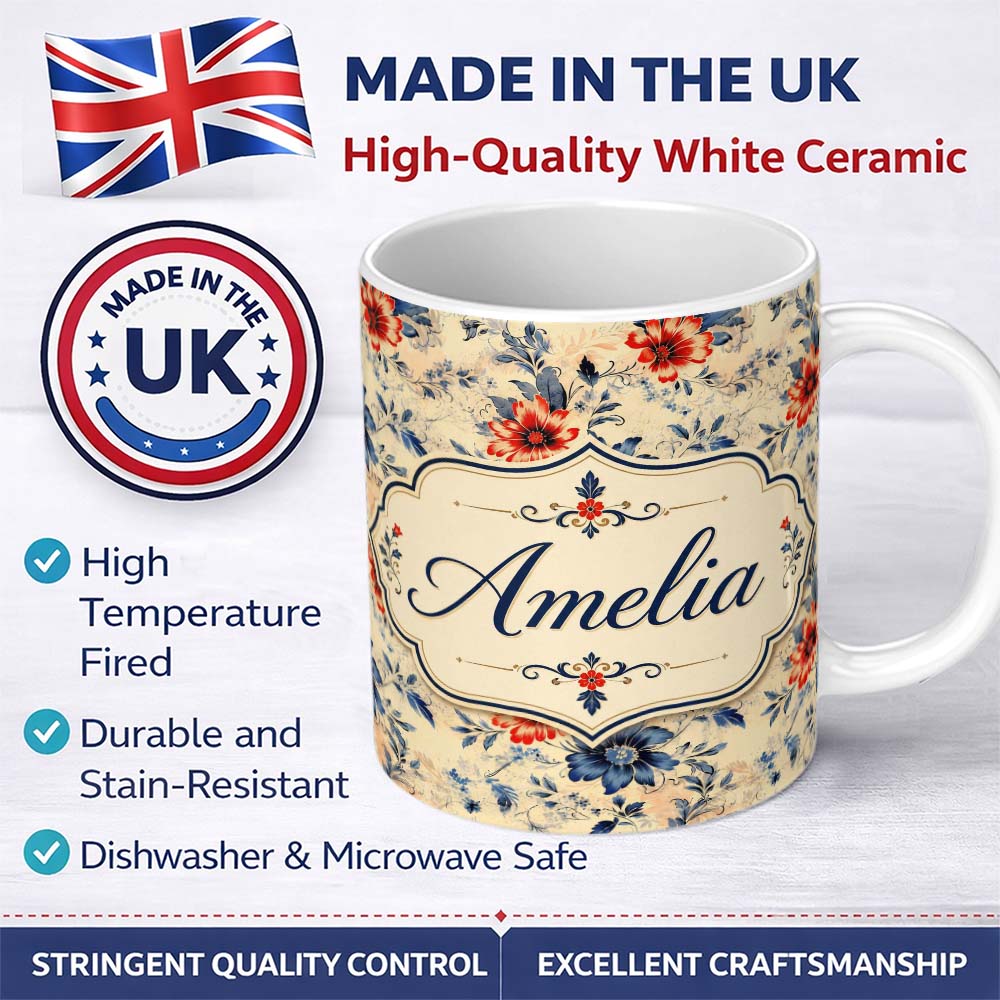 Personalized Custom Name Blue Red Botanical Floral Vintage Seamless Pattern Cute Unique Gift 11oz Ceramic Coffee Tea Mug White Large Handle