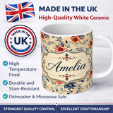 Personalized Custom Name Blue Red Botanical Floral Vintage Seamless Pattern Cute Unique Gift 11oz Ceramic Coffee Tea Mug White Large Handle