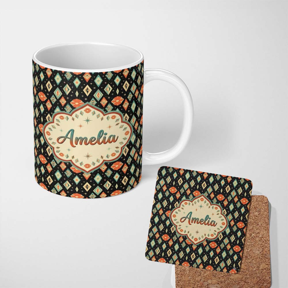 Personalized Custom Name Diamond Star Seamless Pattern on Black Beautiful Coffee Cup Lovely 11oz Ceramic Coffee Tea Mug White Large Handle