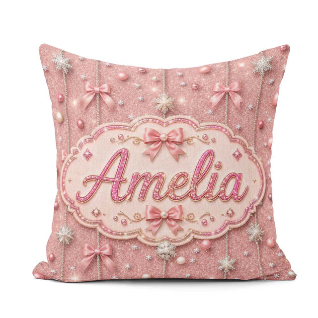 Custom Name Pink Glitter Bow Snowflake Ornament Seamless Pattern Square Filled Cushion Throw Pillow Sofa Bed Home Decor Zip Washable UK Made