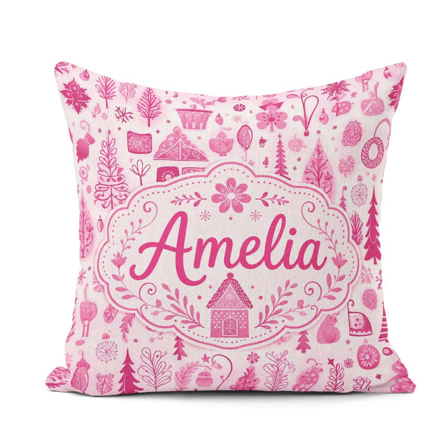 Custom Name Pink Christmas Folk Art Tree Floral Seamless Pattern Square Filled Cushion Throw Pillow Sofa Bed Home Decor Zip Washable UK Made