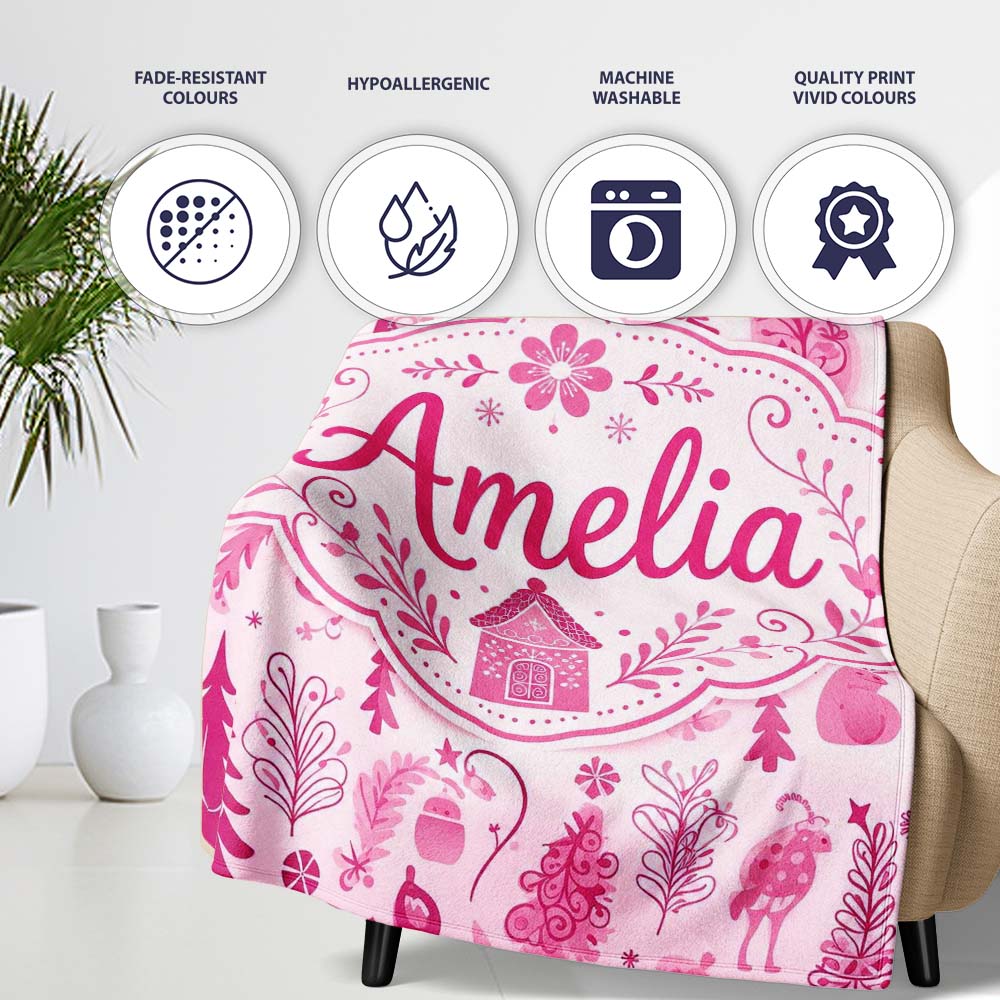 Cute Pink Christmas Folk Art Tree House Floral Seamless Pattern  Personalised Custom Name Super Soft Fleece Blanket Bed Sofa Throw