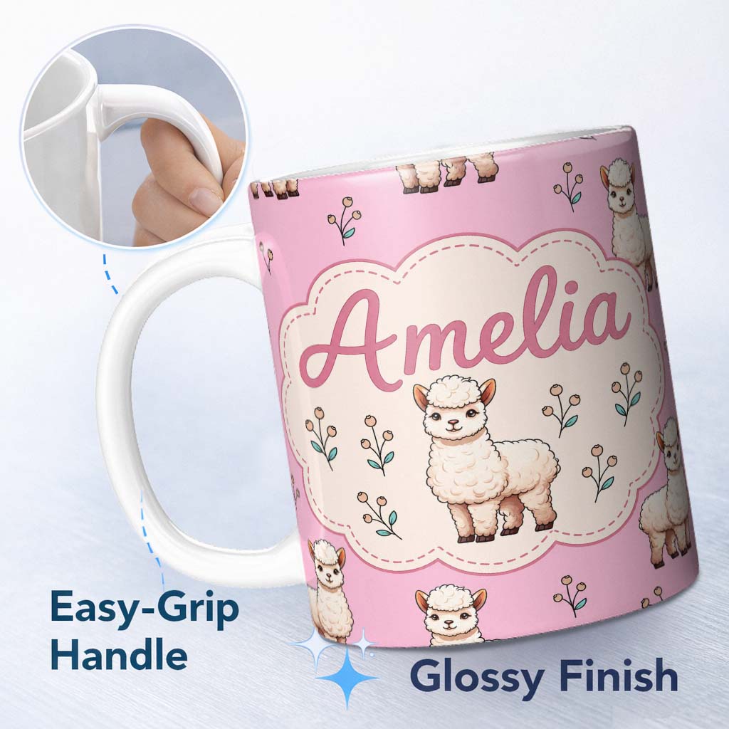 Personalized Custom Name Cute Alpaca Llama Farm Animals Floral Seamless Pattern Soft Pink 11oz Ceramic Coffee Tea Mug White Large Handle