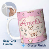 Personalized Custom Name Cute Alpaca Llama Farm Animals Floral Seamless Pattern Soft Pink 11oz Ceramic Coffee Tea Mug White Large Handle