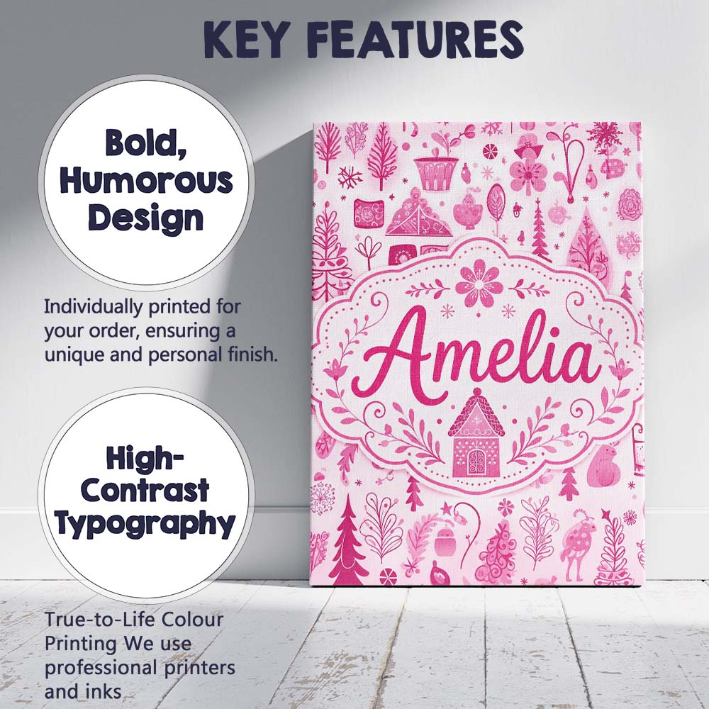 Personalised Name Cute Pink Christmas Folk Custom  Unique Gift Idea Elegant Feature Canvas Wall Art Print Decor Picture Ready to Hang