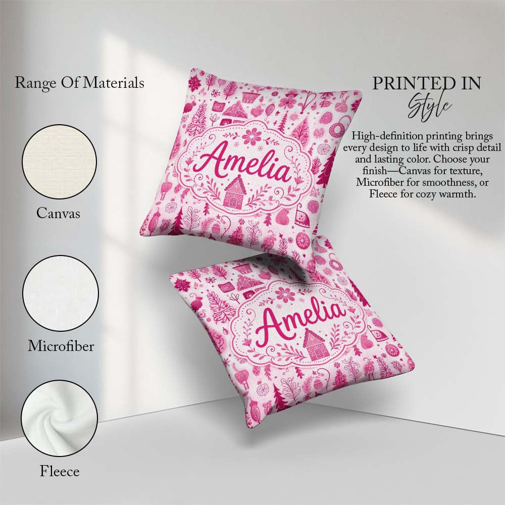 Custom Name Pink Christmas Folk Art Tree Floral Seamless Pattern Square Filled Cushion Throw Pillow Sofa Bed Home Decor Zip Washable UK Made