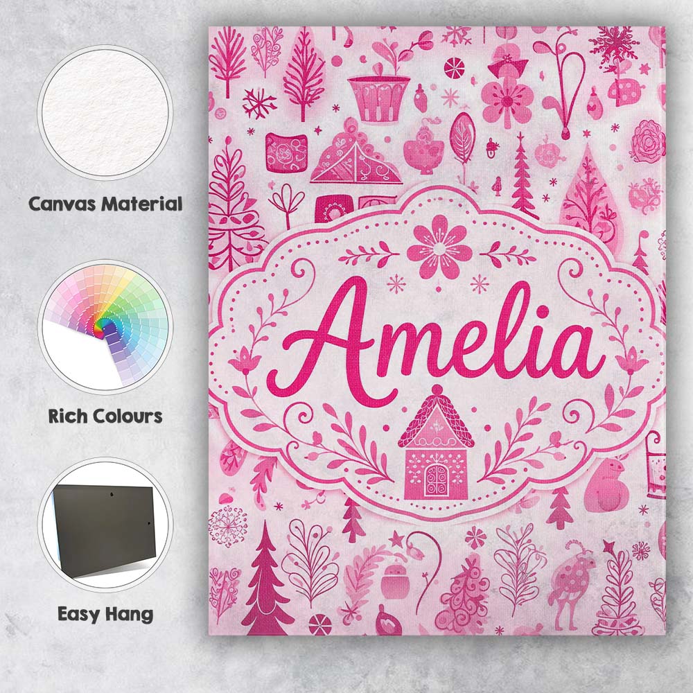 Personalised Name Cute Pink Christmas Folk Custom  Unique Gift Idea Elegant Feature Canvas Wall Art Print Decor Picture Ready to Hang