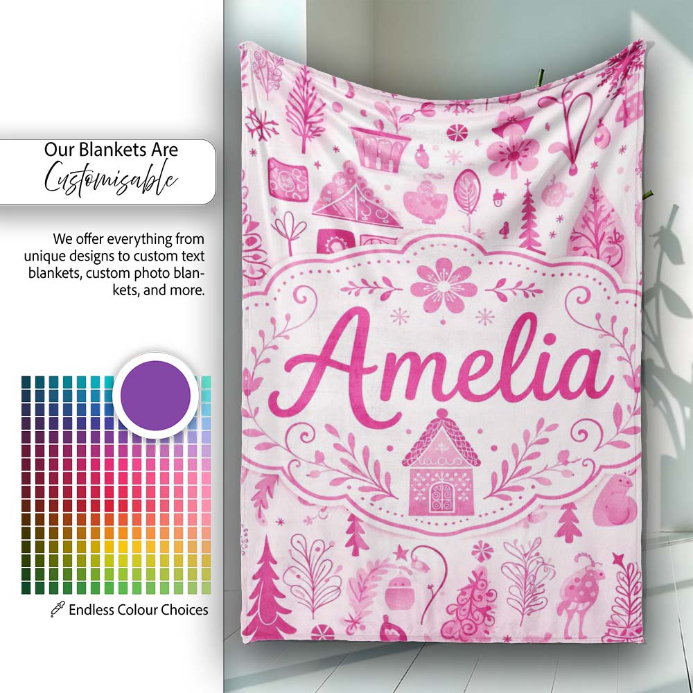 Cute Pink Christmas Folk Art Tree House Floral Seamless Pattern  Personalised Custom Name Super Soft Fleece Blanket Bed Sofa Throw