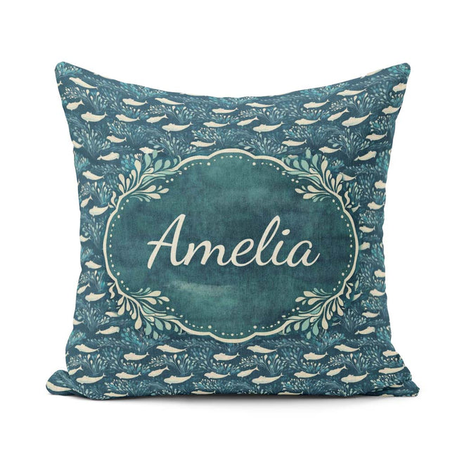 Custom Name Dark Blue Whale Seamless Pattern Ocean Marine Animal Square Filled Cushion Throw Pillow Sofa Bed Home Decor Zip Washable UK Made