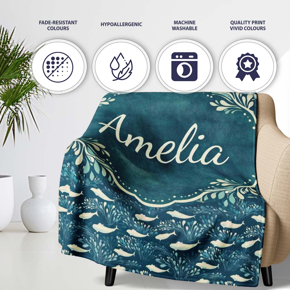 Dark Blue Whale Seamless Pattern Ocean Marine Animal Silhouette  Personalised Custom Name Super Soft Fleece Blanket Bed Sofa Throw