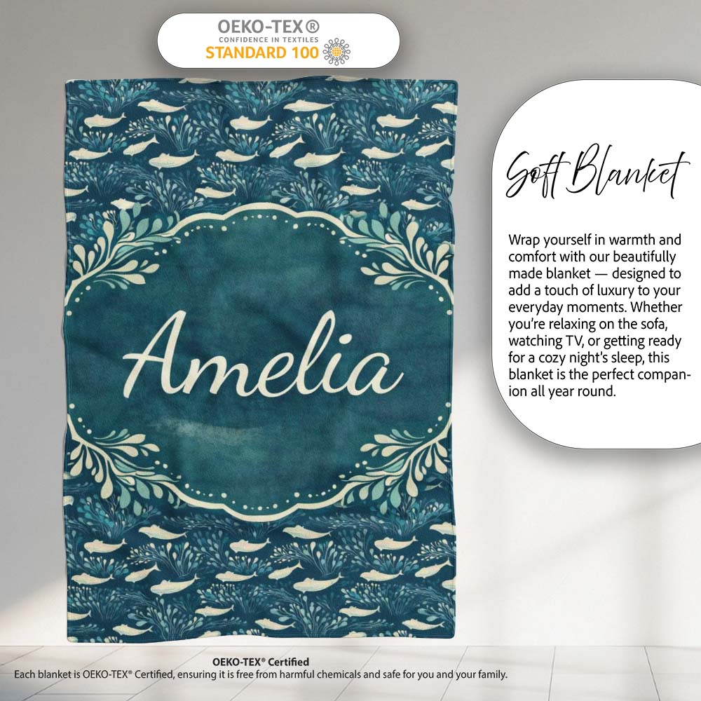 Dark Blue Whale Seamless Pattern Ocean Marine Animal Silhouette  Personalised Custom Name Super Soft Fleece Blanket Bed Sofa Throw