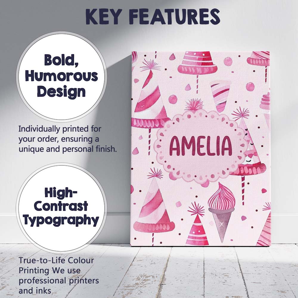 Personalised Name Cute Pink Party Hat Sweet Custom  Bespoke Interior Contemporary Canvas Wall Art Print Decor Picture Ready to Hang