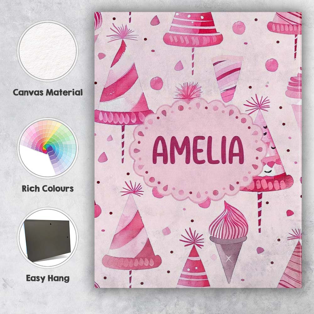 Personalised Name Cute Pink Party Hat Sweet Custom  Bespoke Interior Contemporary Canvas Wall Art Print Decor Picture Ready to Hang