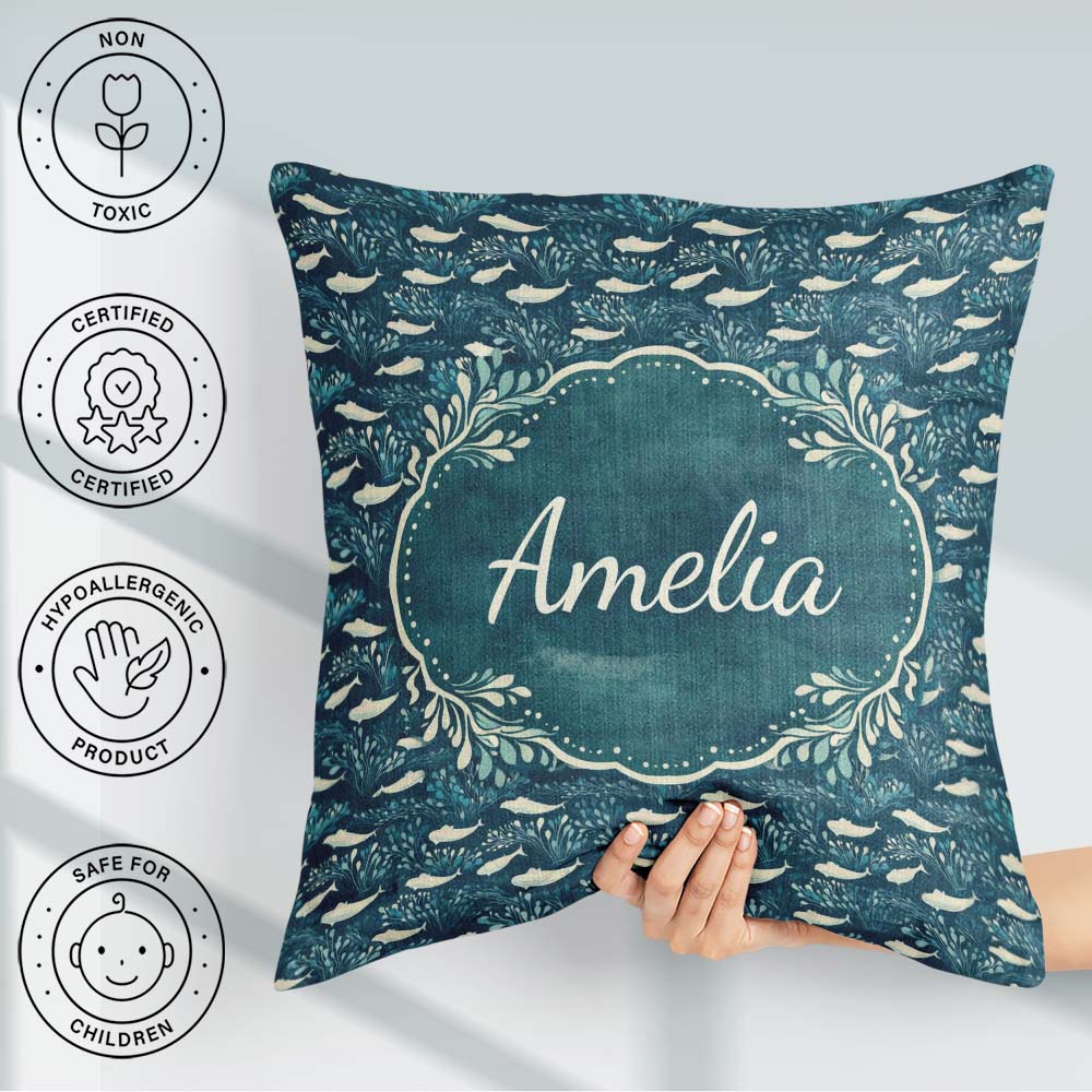 Custom Name Dark Blue Whale Seamless Pattern Ocean Marine Animal Square Filled Cushion Throw Pillow Sofa Bed Home Decor Zip Washable UK Made