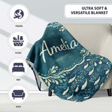 Dark Blue Whale Seamless Pattern Ocean Marine Animal Silhouette  Personalised Custom Name Super Soft Fleece Blanket Bed Sofa Throw