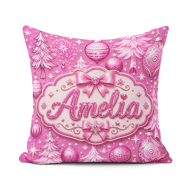 Custom Name Elegant Pink Christmas Tree Ornament Winter Seamless Square Filled Cushion Throw Pillow Sofa Bed Home Decor Zip Washable UK Made