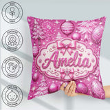 Custom Name Elegant Pink Christmas Tree Ornament Winter Seamless Square Filled Cushion Throw Pillow Sofa Bed Home Decor Zip Washable UK Made