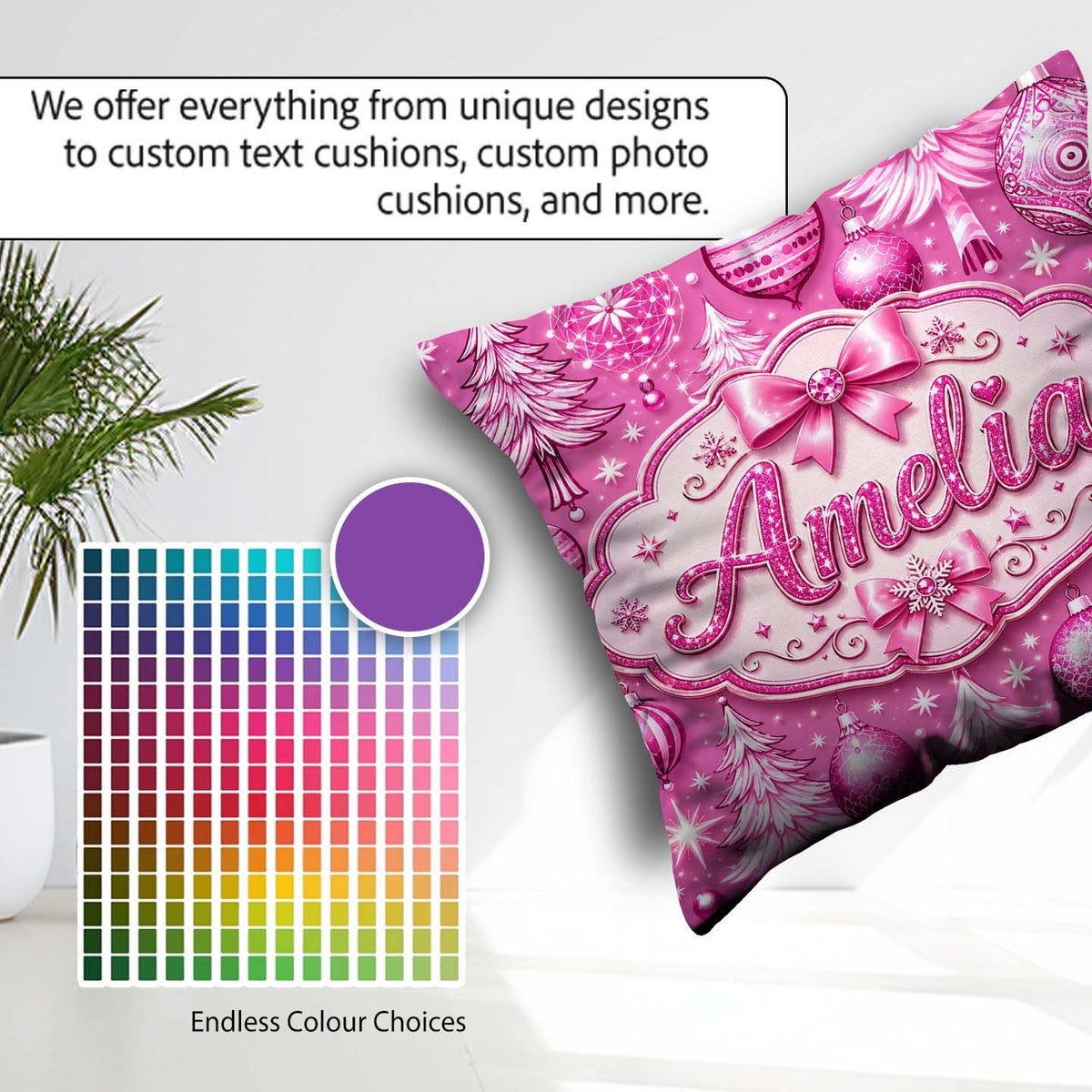 Custom Name Elegant Pink Christmas Tree Ornament Winter Seamless Square Filled Cushion Throw Pillow Sofa Bed Home Decor Zip Washable UK Made