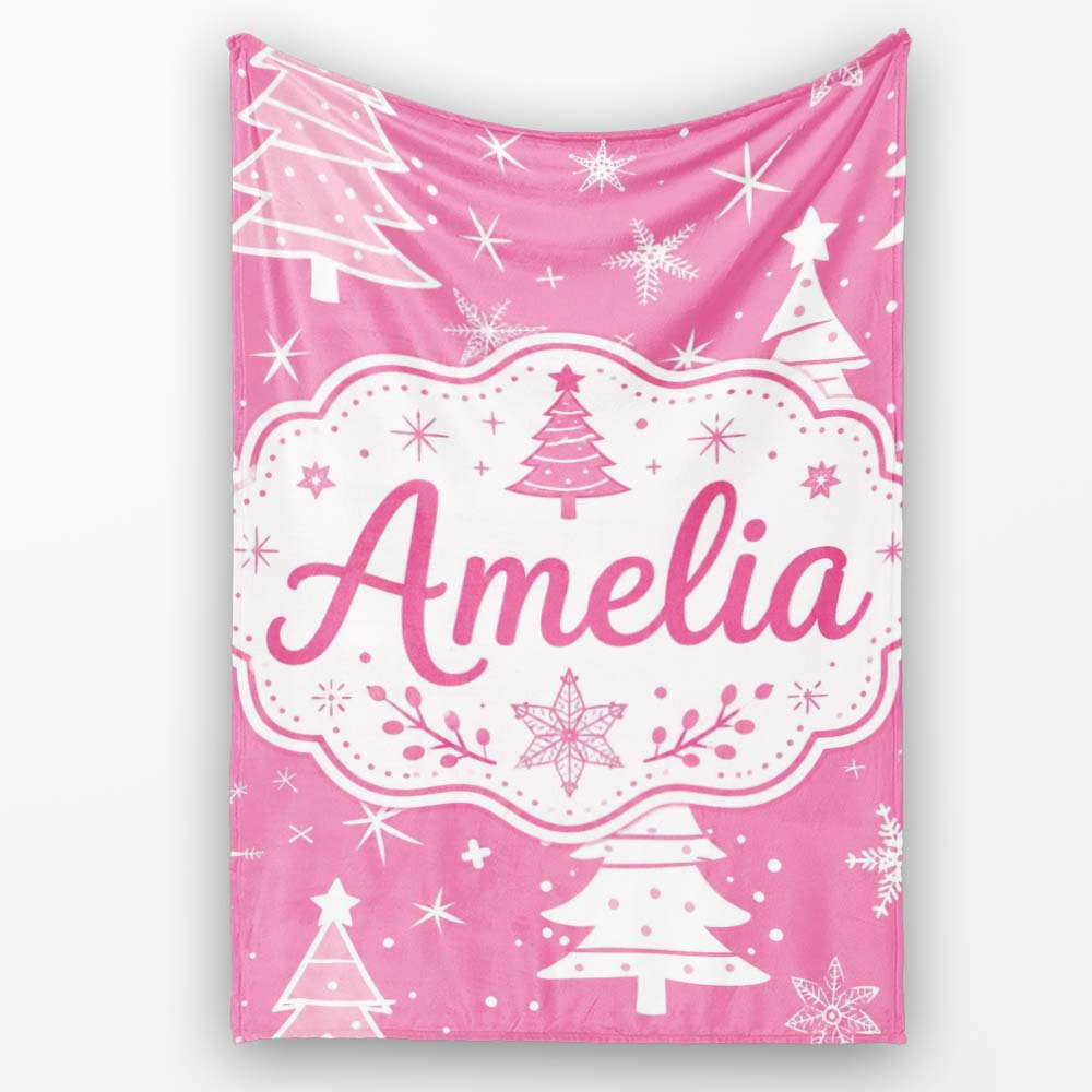 Pink White Christmas Tree Snowflake Star Seamless Pattern Lovely  Personalised Custom Name Super Soft Fleece Blanket Bed Sofa Throw