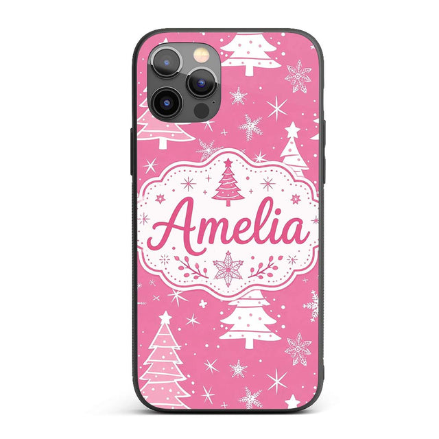 Pink White Christmas Tree Snowflake Star Seamless Custom Name Protective Phone Case Mobile Cover Durable Everyday Smartphone Shock Resistant