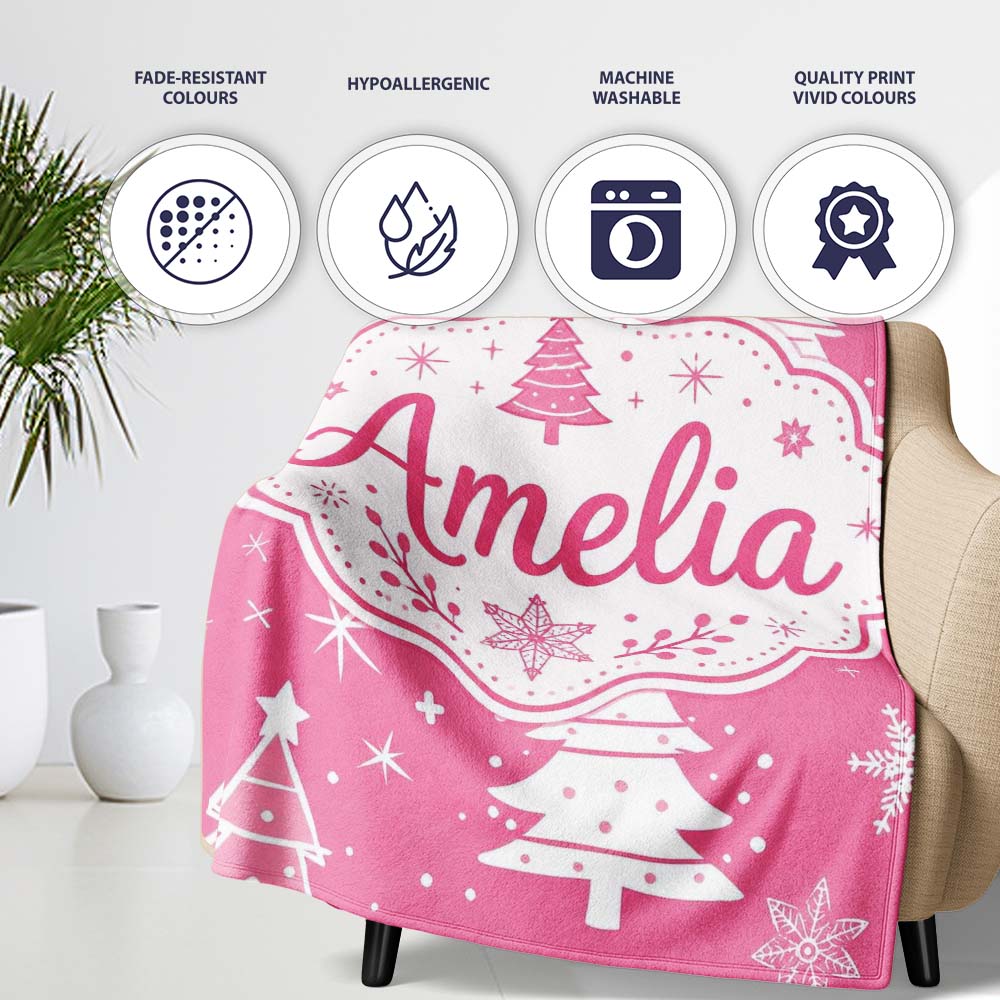 Pink White Christmas Tree Snowflake Star Seamless Pattern Lovely  Personalised Custom Name Super Soft Fleece Blanket Bed Sofa Throw