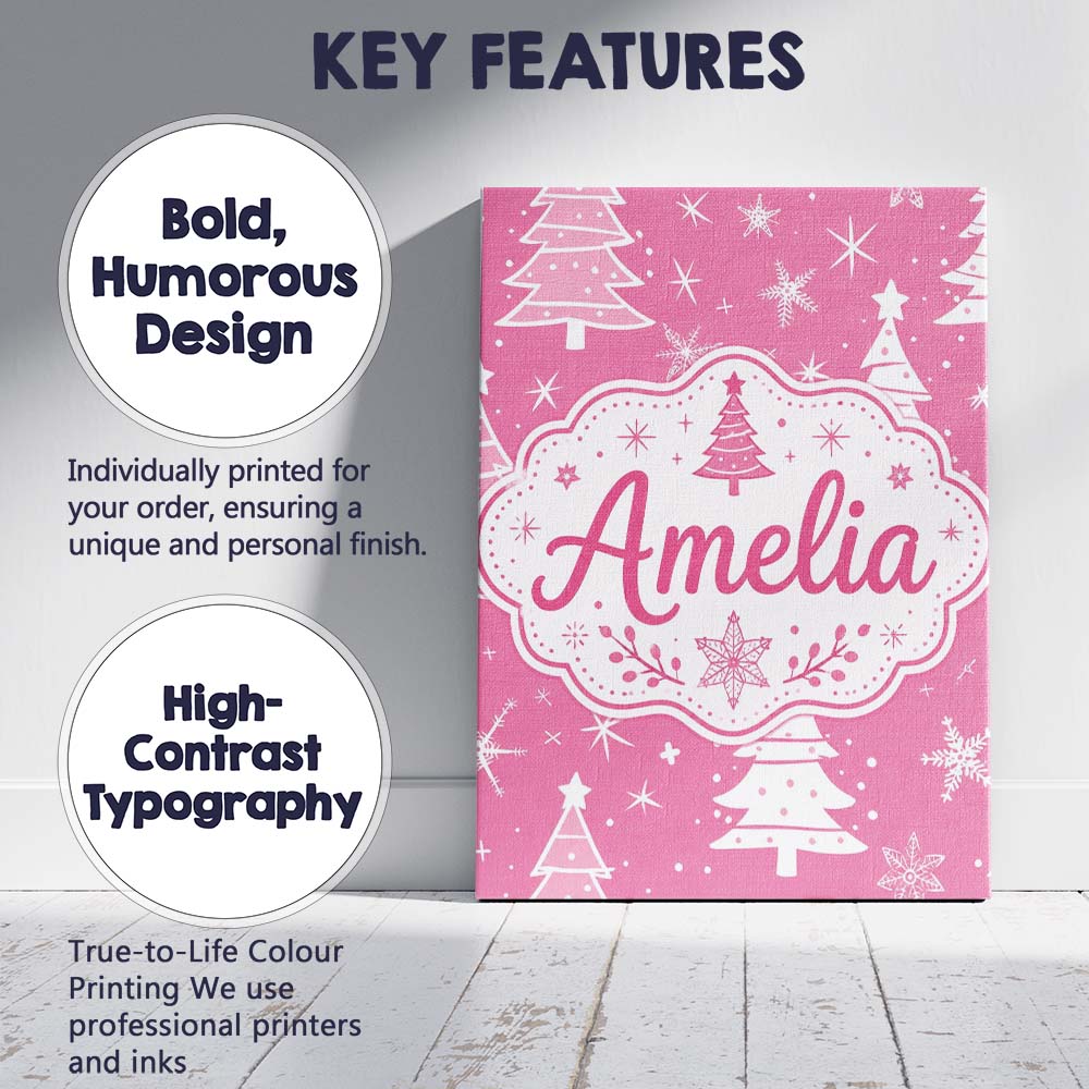 Personalised Name Pink White Christmas Tree Custom  Bespoke Interior Contemporary Canvas Wall Art Print Decor Picture Ready to Hang