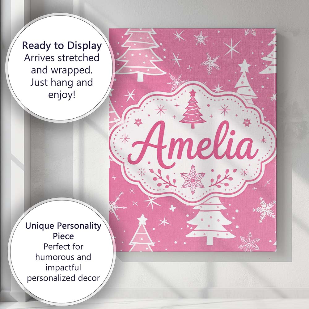 Personalised Name Pink White Christmas Tree Custom  Bespoke Interior Contemporary Canvas Wall Art Print Decor Picture Ready to Hang