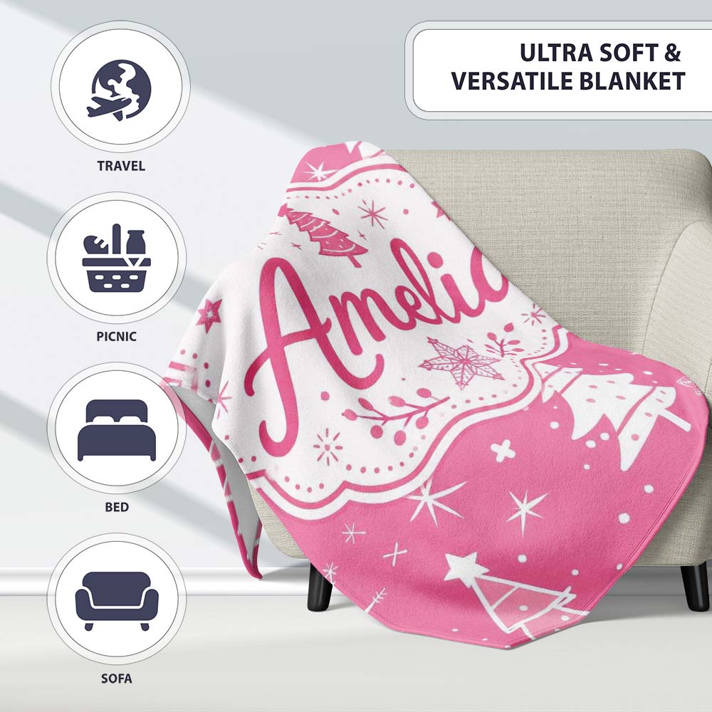 Pink White Christmas Tree Snowflake Star Seamless Pattern Lovely  Personalised Custom Name Super Soft Fleece Blanket Bed Sofa Throw