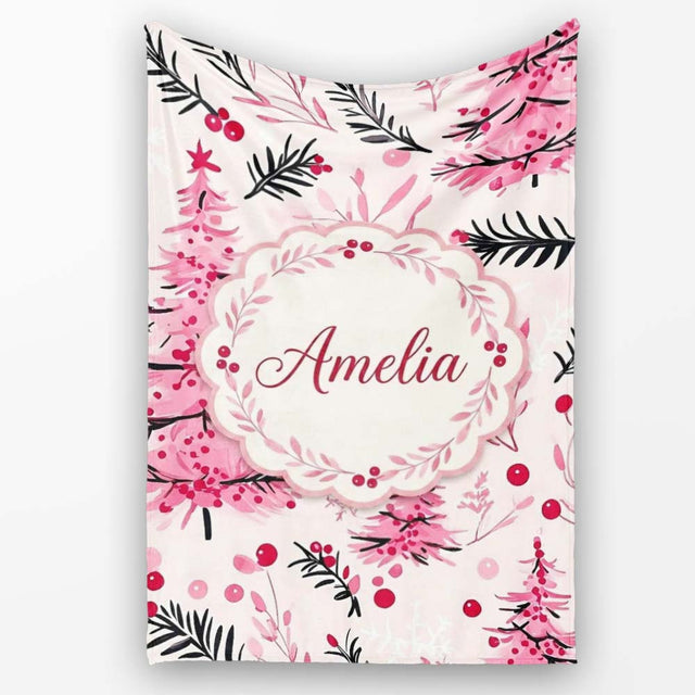 Watercolor Pink Christmas Tree Berry Branch Seamless Pattern Lovely  Personalised Custom Name Super Soft Fleece Blanket Bed Sofa Throw