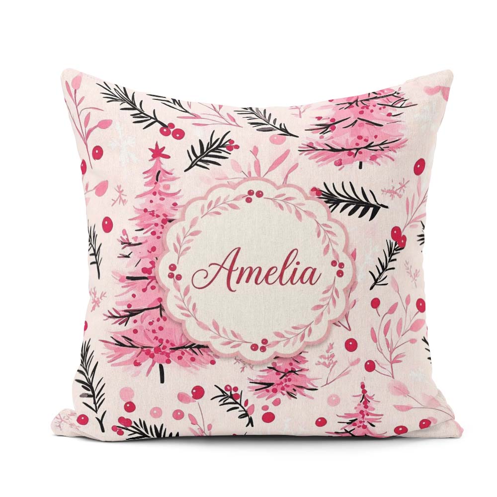 Custom Name Watercolor Pink Christmas Tree Berry Branch Seamless Square Filled Cushion Throw Pillow Sofa Bed Home Decor Zip Washable UK Made