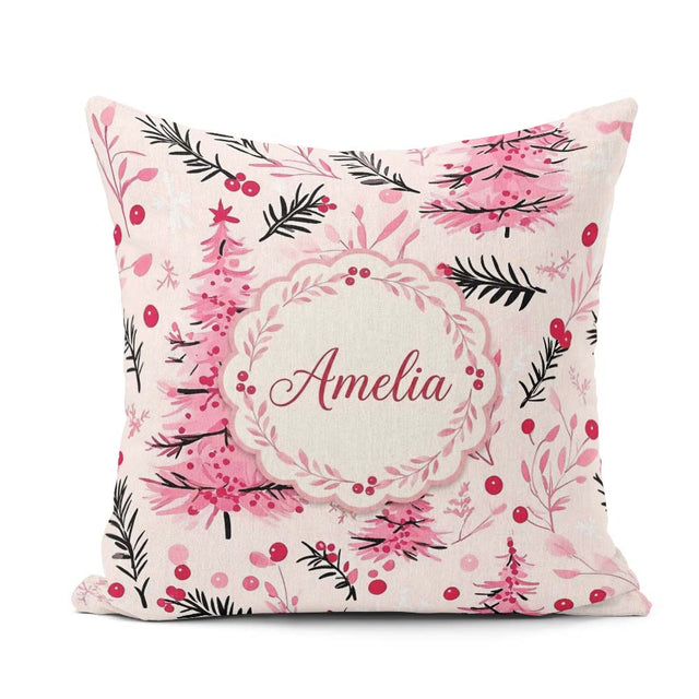 Custom Name Watercolor Pink Christmas Tree Berry Branch Seamless Square Filled Cushion Throw Pillow Sofa Bed Home Decor Zip Washable UK Made