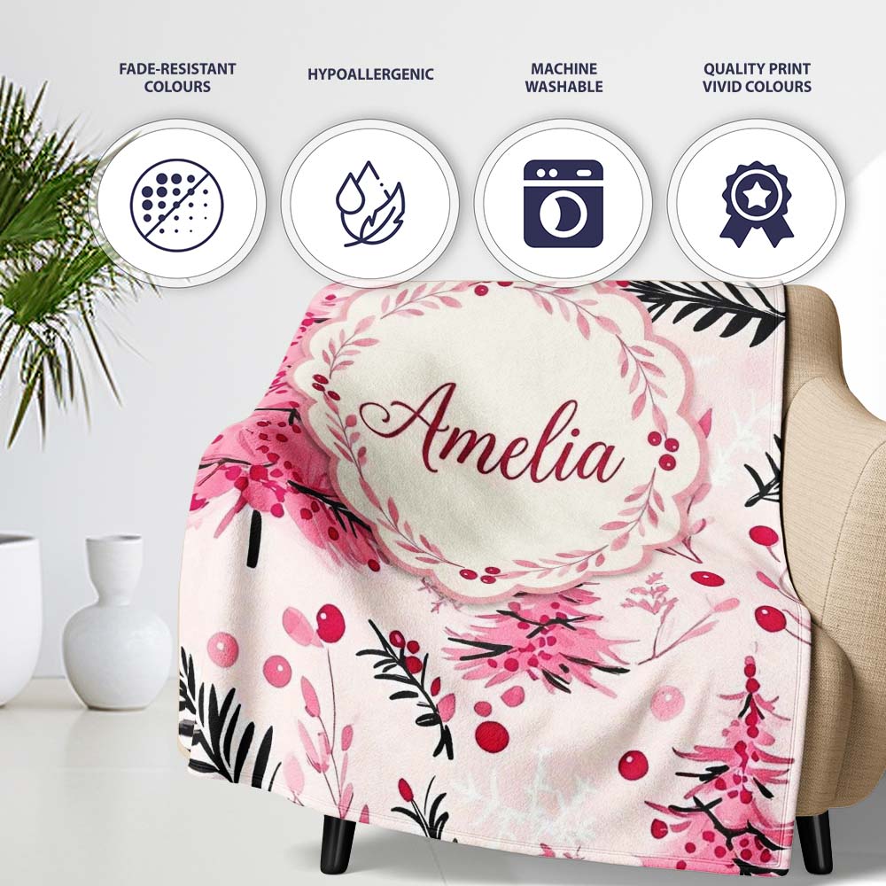 Watercolor Pink Christmas Tree Berry Branch Seamless Pattern Lovely  Personalised Custom Name Super Soft Fleece Blanket Bed Sofa Throw