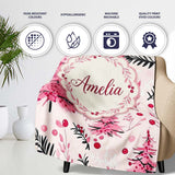 Watercolor Pink Christmas Tree Berry Branch Seamless Pattern Lovely  Personalised Custom Name Super Soft Fleece Blanket Bed Sofa Throw