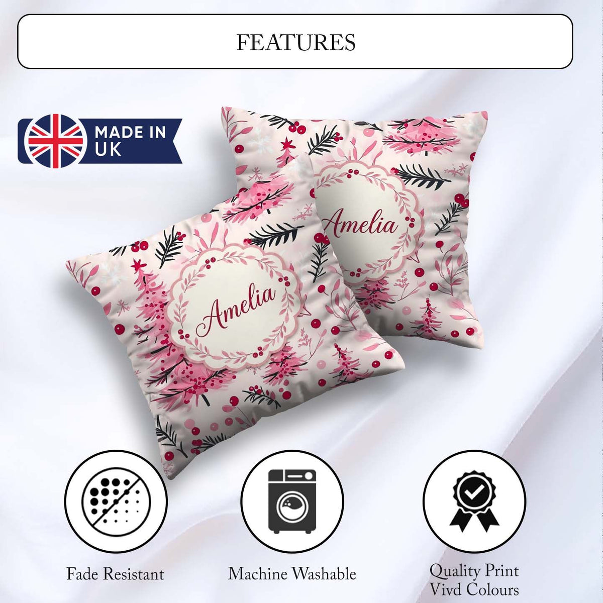 Custom Name Watercolor Pink Christmas Tree Berry Branch Seamless Square Filled Cushion Throw Pillow Sofa Bed Home Decor Zip Washable UK Made