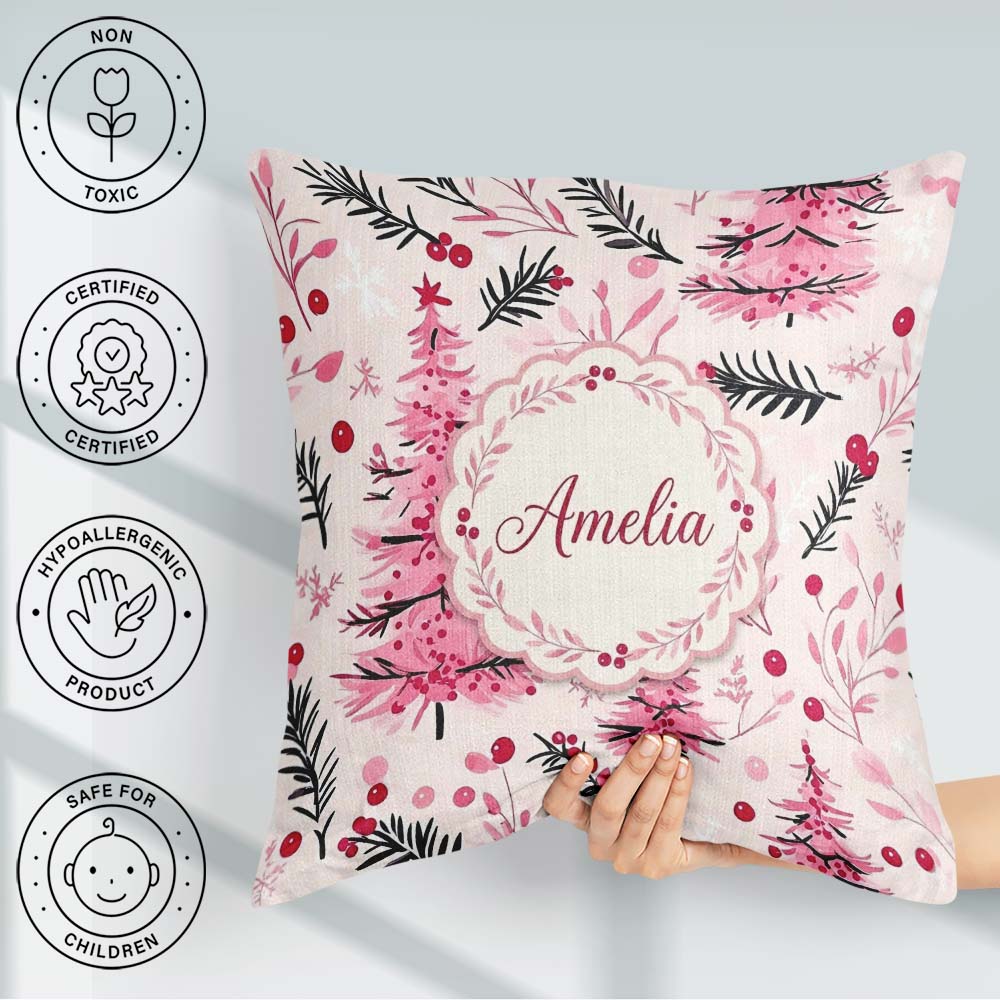 Custom Name Watercolor Pink Christmas Tree Berry Branch Seamless Square Filled Cushion Throw Pillow Sofa Bed Home Decor Zip Washable UK Made