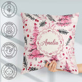 Custom Name Watercolor Pink Christmas Tree Berry Branch Seamless Square Filled Cushion Throw Pillow Sofa Bed Home Decor Zip Washable UK Made
