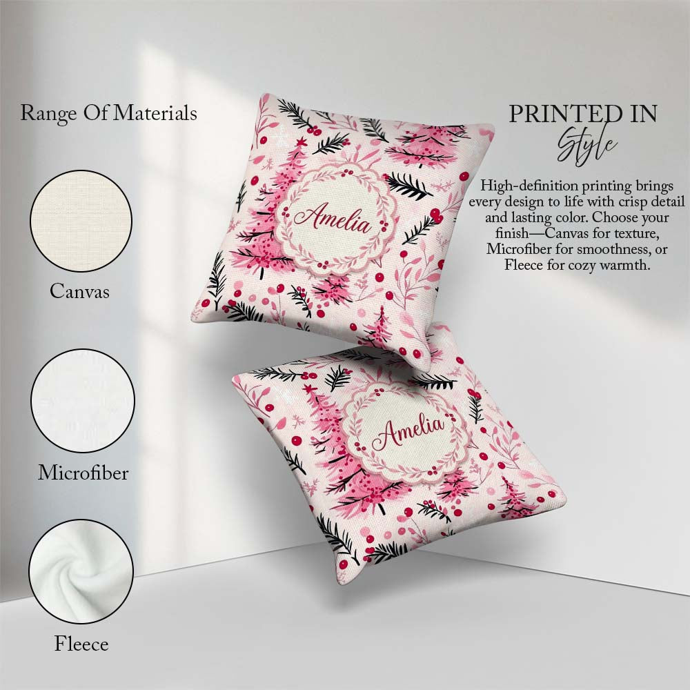 Custom Name Watercolor Pink Christmas Tree Berry Branch Seamless Square Filled Cushion Throw Pillow Sofa Bed Home Decor Zip Washable UK Made