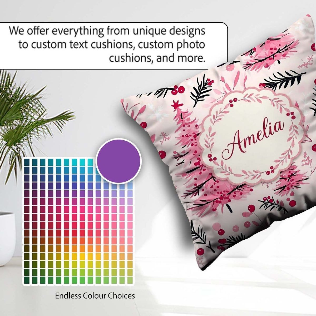 Custom Name Watercolor Pink Christmas Tree Berry Branch Seamless Square Filled Cushion Throw Pillow Sofa Bed Home Decor Zip Washable UK Made