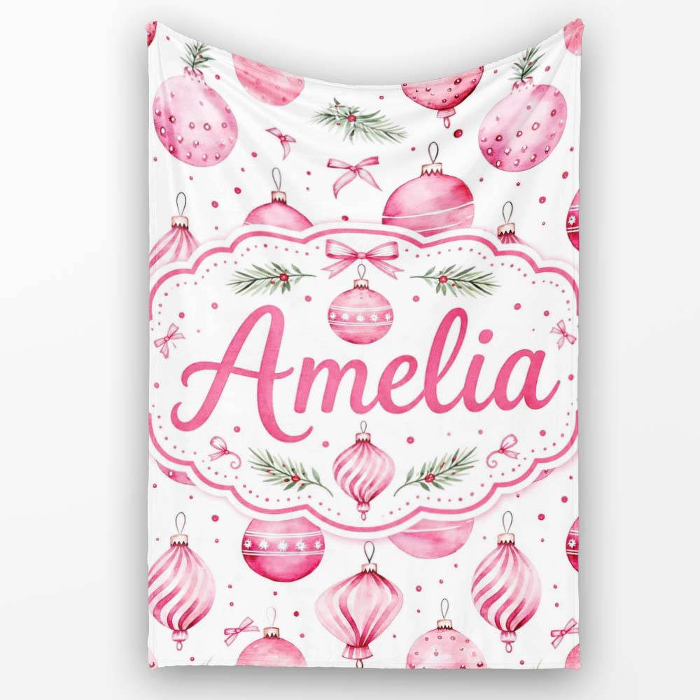 Watercolor Pink Christmas Bauble Pine Branch Seamless Pattern Lovely  Personalised Custom Name Super Soft Fleece Blanket Bed Sofa Throw