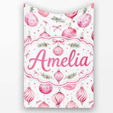 Watercolor Pink Christmas Bauble Pine Branch Seamless Pattern Lovely  Personalised Custom Name Super Soft Fleece Blanket Bed Sofa Throw