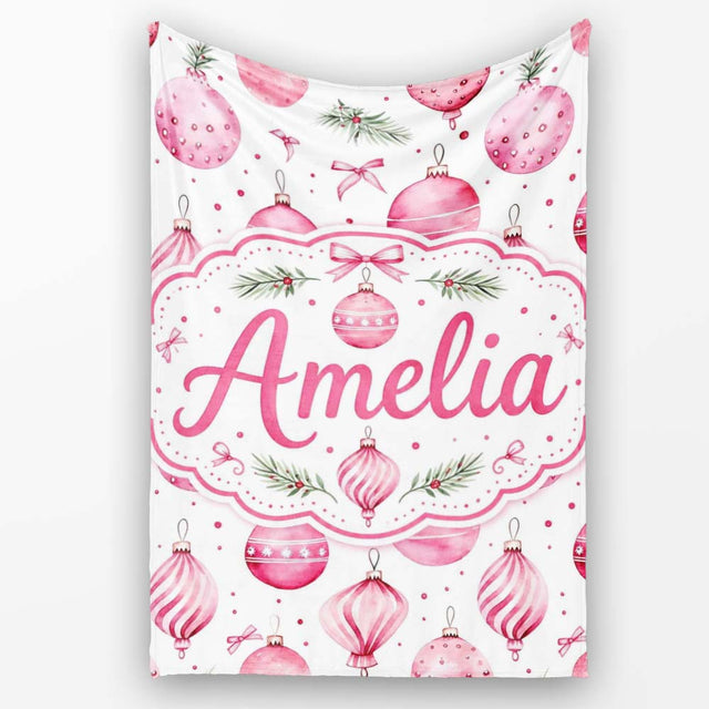 Watercolor Pink Christmas Bauble Pine Branch Seamless Pattern Lovely  Personalised Custom Name Super Soft Fleece Blanket Bed Sofa Throw